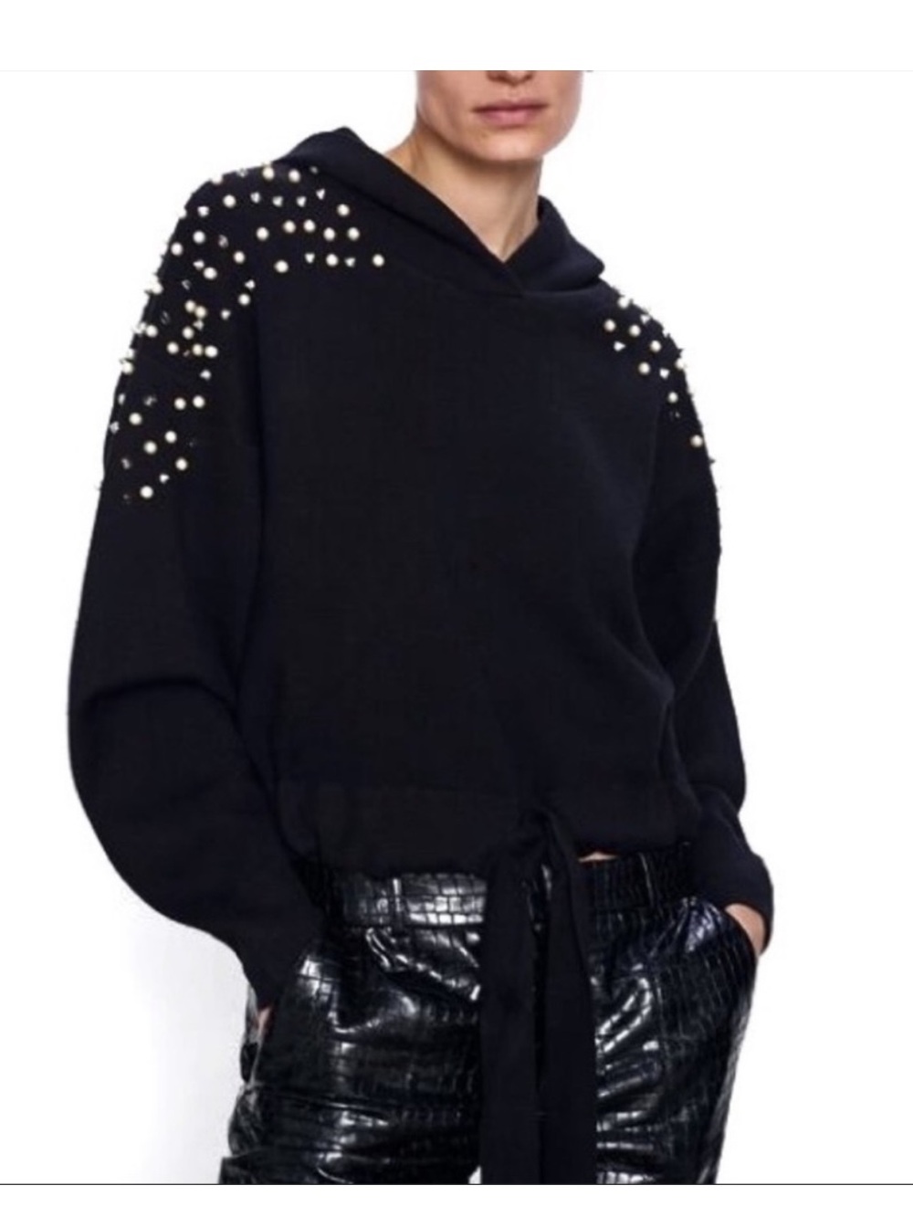 ZARA Black Spike and Pearl-Embellished Hooded Pullover